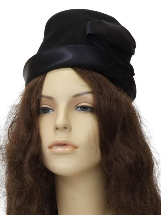 Vintage 1950s Black Wool Cloche Hat New York Creations Satin Rose Size 7 main image 7